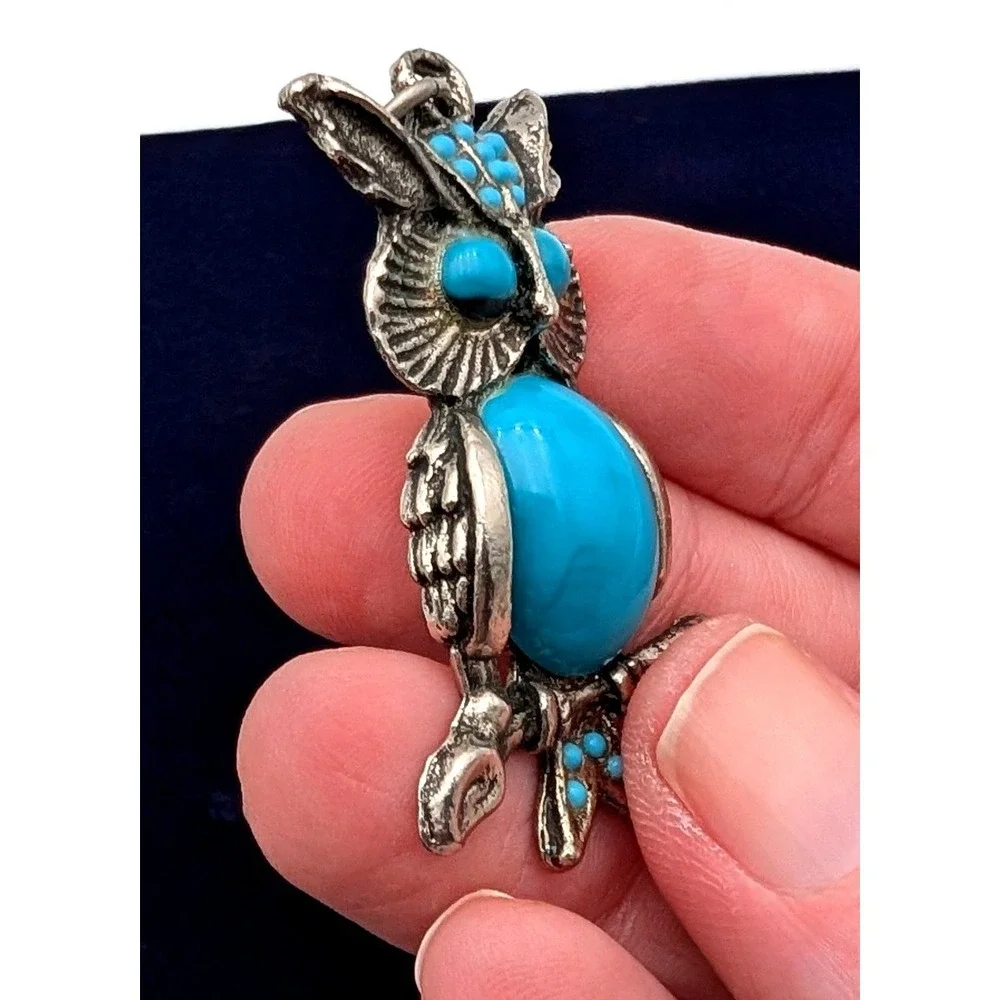 Vintage Silver Tone Owl Pendant Faux Turquoise Cabochon Boho Bird Jewelry